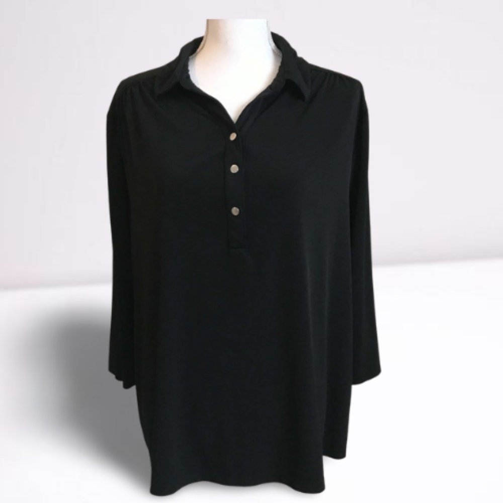 BLACK PULLOVER BLOUSE WITH SILVER BUTTONS, 2X NWOT